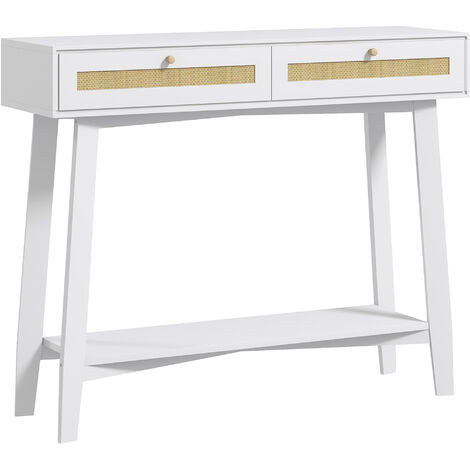 HOMCOM mesa consola recibidor mesa de entrada con 2 cajones de diseño de ratán y estante abierto para salón pasillo 100x30x81 cm blanco
