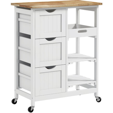 carro de cocina carrito auxiliar con ruedas 3 cajones 2 estantes abiertos y bandeja extraíble para comedor salón 67x37x85,5 cm blanco (1/5)