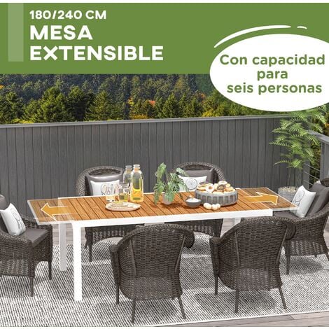 Mesa de jardín extensible para 6 personas mesa de comedor exterior rectangular con marco de aluminio carga 50 kg para terraza patio 180/240x94x73 cm