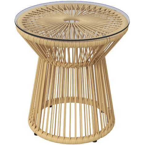 Outsunny mesa auxiliar de ratán sintético mesa de centro redonda con tablero de vidrio templado y marco de metal carga 30 kg Ø40x42 cm (1/5)