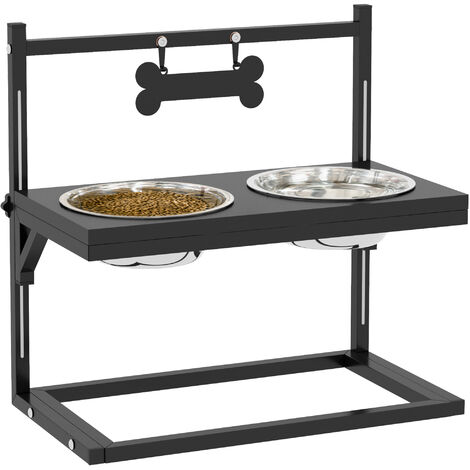 PawHut comedero elevado para perros con 2 tazones de acero inoxidable altura ajustable y 1 placa de metal en forma de hueso 40,5x22x39 cm