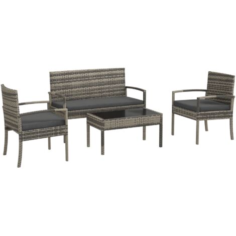 Conjunto de jardín de ratán sintético juego de 4 piezas muebles de jardín con 2 sillones 1 sofá de 2 plazas y 1 mesa de centro de tablero de vidrio
