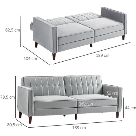 Sofá Cama de 3 Plazas Sofá Cama Convertible Tapizado en Terciopelo con Respaldo Reclinable Asientos Acolchados y Patas de Madera 189x80,5x78,5 cm