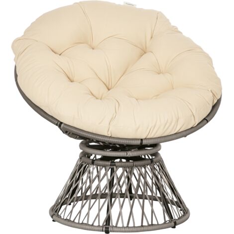 Silla giratoria de ratán sillón papasan de mimbre sintético con cojín y marco de acero carga 160 kg para jardín patio terraza 87x97x90 cm