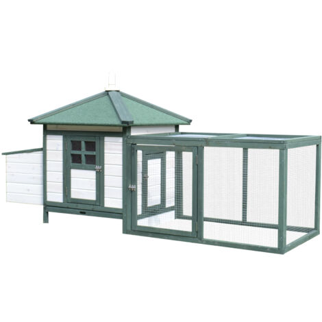 Gallinero de madera de pino refugio jaula para gallinas pollos exterior con caja nido bandeja extraíble y espacio para correr 196x76x97 cm