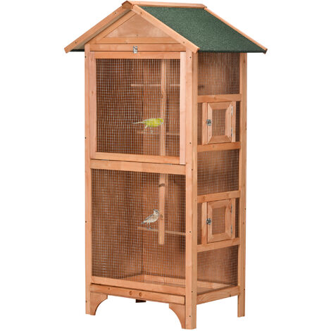 PawHut jaula para pájaros pajarera de madera con 3 puertas 4 perchas bandeja extraíble y techo asfáltico 80,5x57x153 cm