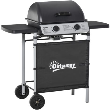 Barbacoa de gas con 2 quemadores 5,6 KW bbq de gas con 2 ruedas 2 mesas laterales y parrillas de acero para picnic camping 104x49x99 cm