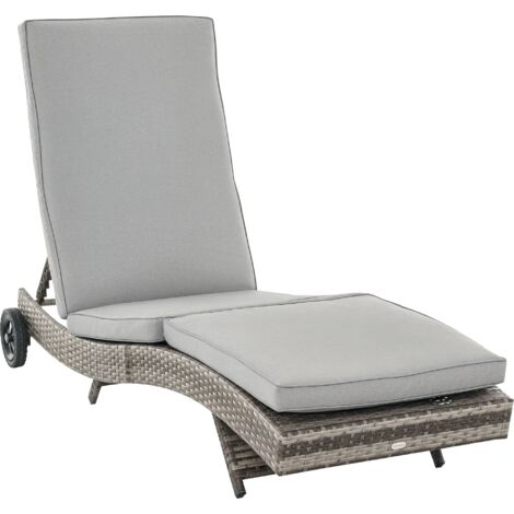 Tumbona de ratán reclinable tumbona de jardín en forma de S con 2 ruedas respaldo ajustable en 5 posiciones y cojín extraíble 207x70x70 cm gris