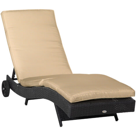 Tumbona de ratán reclinable tumbona de jardín en forma de S con 2 ruedas respaldo ajustable en 5 posiciones y cojín extraíble 207x70x70 cm negro