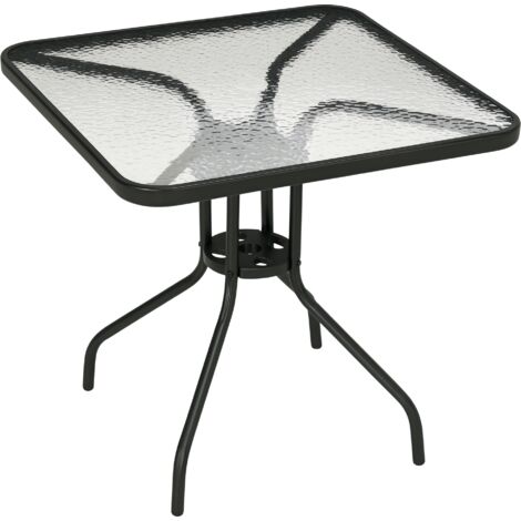 Mesa de jardín cuadrada mesa de comedor exterior 76x76x72 cm con agujero para sombrilla y encimera de vidrio templado para patio terraza