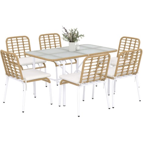 Conjunto de jardín de ratán sintético juego de muebles de jardín para exterior de ratán de 7 piezas incluye 6 sillas apilables con cojines y mesa
