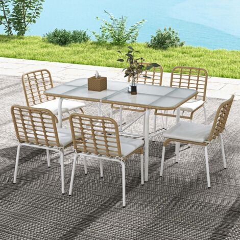Conjunto de jardín de ratán sintético juego de muebles de jardín para exterior de ratán de 7 piezas incluye 6 sillas apilables con cojines y mesa