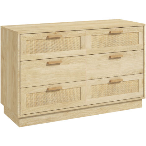 Cajonera de dormitorio cómoda de madera con 6 cajones de rejilla de ratán estilo bohemio mueble cajonera para salón oficina estudio 110x40x69 cm