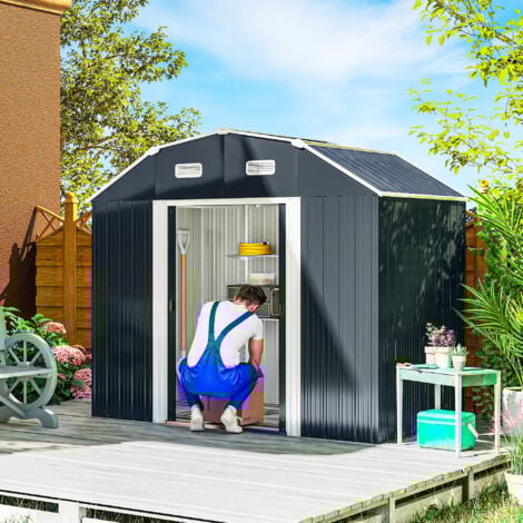 Cobertizo de jardín exterior 2,7 m² 238x132x198,5 cm caseta de exterior metálica con base estantes ajustables 2 puertas corredizas y 2 ventanas