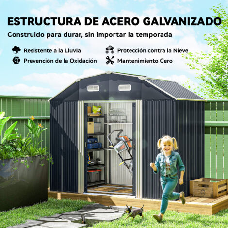 Cobertizo de jardín exterior 2,7 m² 238x132x198,5 cm caseta de exterior metálica con base estantes ajustables 2 puertas corredizas y 2 ventanas