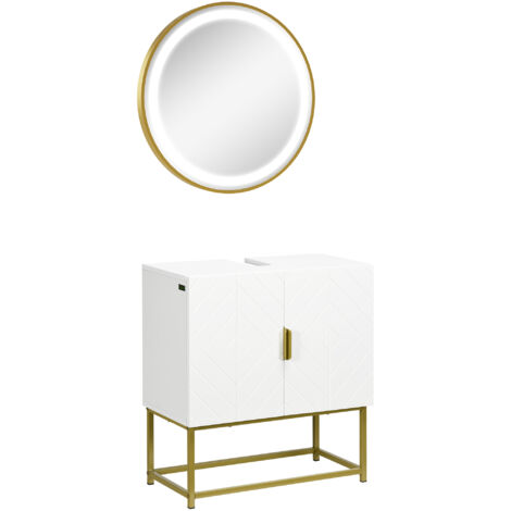 kleankin conjunto de baño juego de mueble para debajo del lavabo con patas de acero y espejo de baño con luz interruptor táctil 60x30x65 cm Ø60x4 cm
