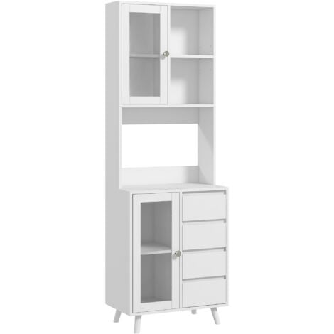 Alacena de Cocina Buffet Aparador Armario con 2 Puertas de Vidrio Compartimentos Abiertos 4 Cajones y Estantes Ajustables 60x35x180 cm