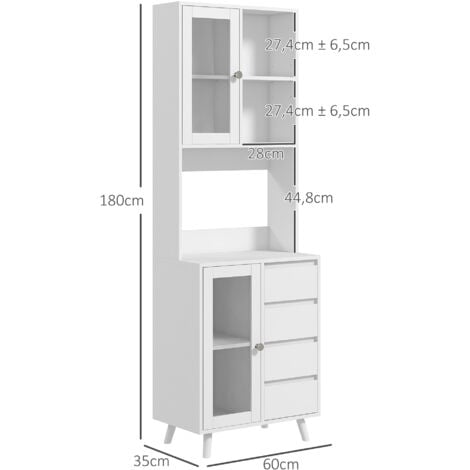 Alacena de Cocina Buffet Aparador Armario con 2 Puertas de Vidrio Compartimentos Abiertos 4 Cajones y Estantes Ajustables 60x35x180 cm