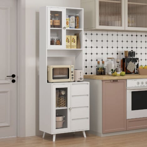 Alacena de Cocina Buffet Aparador Armario con 2 Puertas de Vidrio Compartimentos Abiertos 4 Cajones y Estantes Ajustables 60x35x180 cm