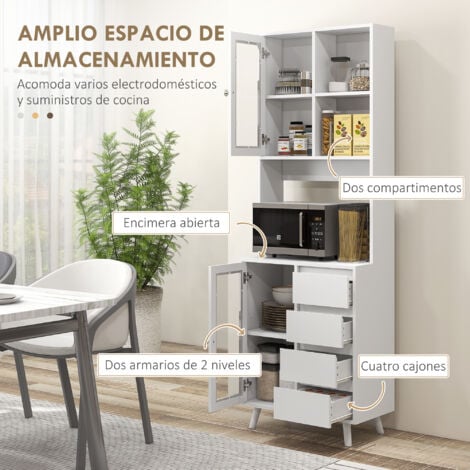 Alacena de Cocina Buffet Aparador Armario con 2 Puertas de Vidrio Compartimentos Abiertos 4 Cajones y Estantes Ajustables 60x35x180 cm