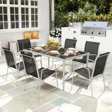 Conjunto de comedor de exterior juego de comedor de jardín de 7 piezas con 1 mesa 6 sillas apilables para terraza patio