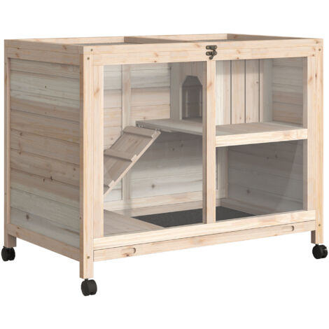 conejera de madera con ruedas 91,5x53,3x73 cm jaula para conejos de 2 niveles con techo abatible bandeja extraíble y rampa