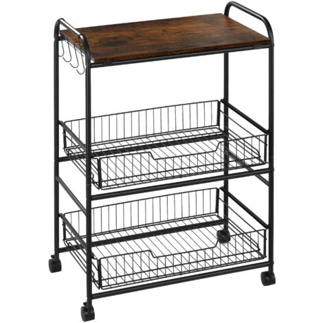 Carrito auxiliar con ruedas carrito verdulero de 3 niveles carrito de cocina con 2 cestas y 4 ganchos para comedor salón 60x38x85,5 cm