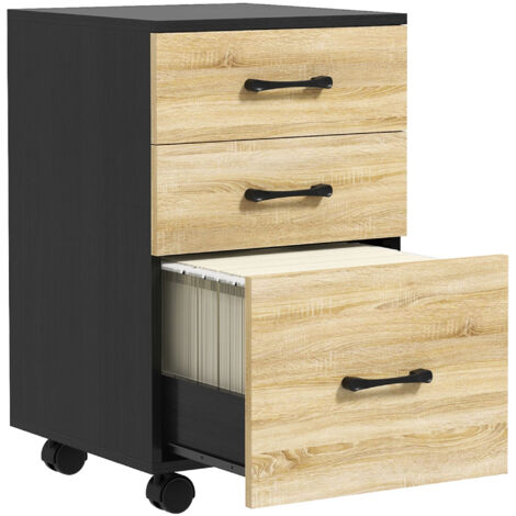 Cajonera de oficina mueble archivador con 4 ruedas 3 cajones para tamaño A4 carta para estudio salón 40x42x65 cm roble y negro