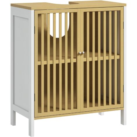 Mueble para debajo del lavabo armario de baño bajo lavabo de bambú con puerta doble y estante ajustable carga 30 kg 60x30x70 cm natural y blanco