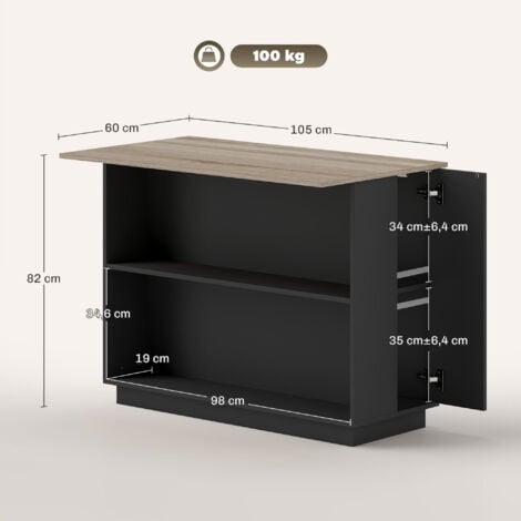 Isla de cocina mueble auxiliar de cocina con 2 estantes abiertos 2 puertas y estantes ajustables estilo moderno carga 100 kg 105x60x82 cm