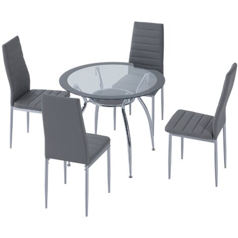 Juego Mesa de Comedor y 4 Sillas Conjunto de Muebles de 5 Piezas Mesa Redonda de Vidrio Templado Ø90x75 cm y 4 Sillas con Patas de Acero 42x52x96 cm (1/5)