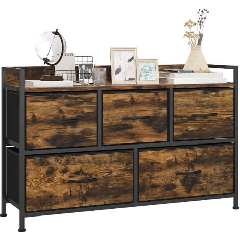 Mueble organizador cajonera de tela con 5 cajones y marco metálico estilo industrial para salón recibidor dormitorio 98x29x63 cm marrón rústico