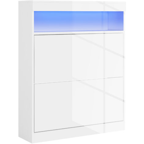 Mueble zapatero de recibidor con luces LED estante abierto y 2 cajones abatibles para 12-16 pares de zapatos 80x24x99,5 cm blanco brillante