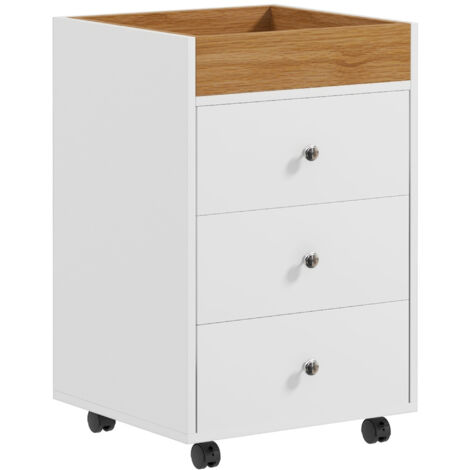 Cajonera de oficina mueble archivador con 4 ruedas 3 cajones y 1 bandeja extraíble carga 30 kg para estudio salón 43x40x66,5 cm blanco y natural