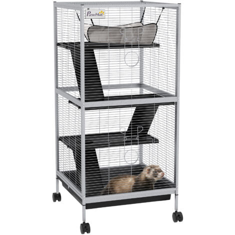 Jaula para animales pequeños de 4 niveles con ruedas 2 puertas 3 rampas hamaca colgante y bandeja extraíble 52x52x113,5 cm gris claro