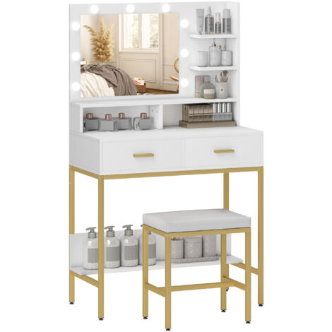 Tocador de maquillaje con luz y taburete mesa de maquillaje con 2 cajones y estantes de almacenamiento estilo moderno tocador para dormitorio blanco