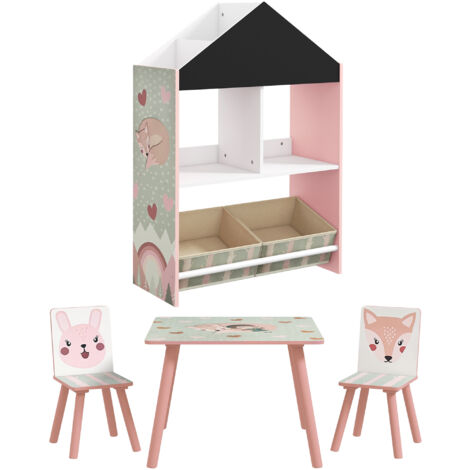 Conjunto para niños incluye 1 estantería para juguetes con pizarra pintable 2 cajas de tela no tejida y 1 mesa infantil con 2 sillas rosa (1/5)