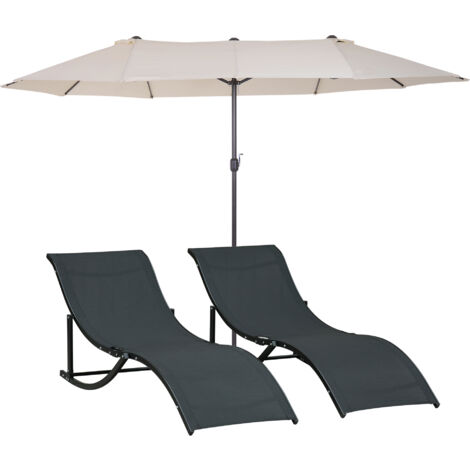 Outsunny conjunto de sombrilla doble y 2 tumbonas plegables en forma de S para piscina patio jardín terraza 4,55x2,65x2,38 m 165x61x63 cm