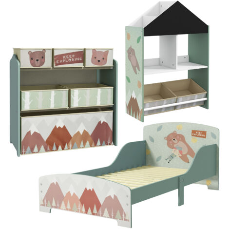 Conjunto para niños incluye 1 cama infantil 1 estantería para juguetes con pizarra pintable y 1 organizador de juguetes con 6 cajas de tela verde