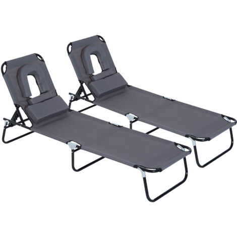 Juego de 2 tumbonas plegables tumbonas de jardín con respaldo ajustable en 4 posiciones orificio de lectura y almohada 190x56x28 cm
