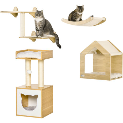 PawHut conjunto para gatos juego de casa para gatos de 2 niveles con cama cojines y estantes para gatos 3 piezas de pared con hamaca 35x35x81 cm