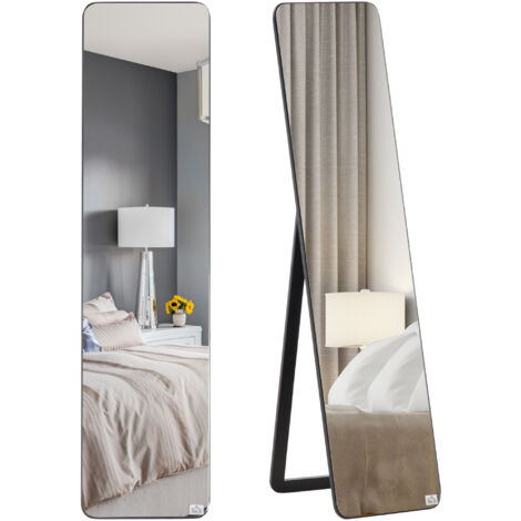 Espejo de pie cuerpo entero rectangular espejo de pared con 2 formas de uso marco de madera de pino moderno para pasillo dormitorio 37x43x156 cm negro