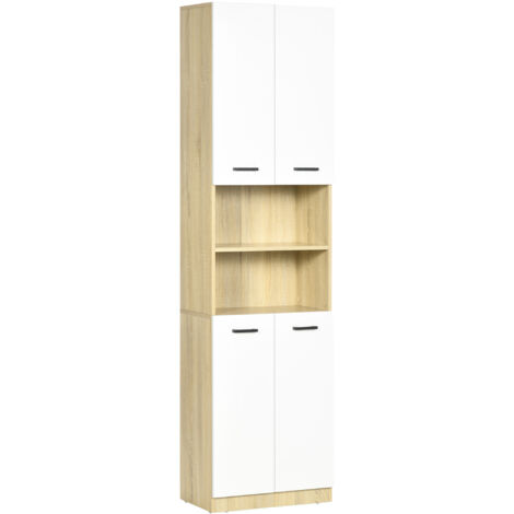 Columna auxiliar de baño armario alto de baño con 4 puertas 2 estantes abiertos y estantes ajustables estilo moderno 53x33,5x195,7 cm blanco y roble