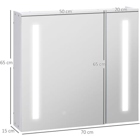 Armario De Baño Con Espejo Y Luz LED - Blanco, 70x15x65 Cm, Puertas Con Espejo, Estante Ajustable Y Sensor Táctil