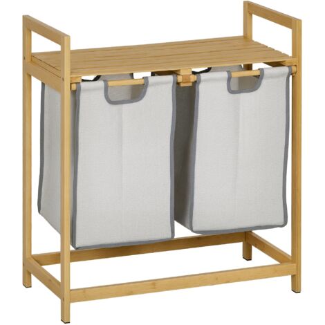 Cesto para ropa sucia de bambú cesto de la ropa sucia con 2 bolsas extraíbles y estante carga 20kg 2x40,6L para baño dormitorio 64x33x73 cm natural