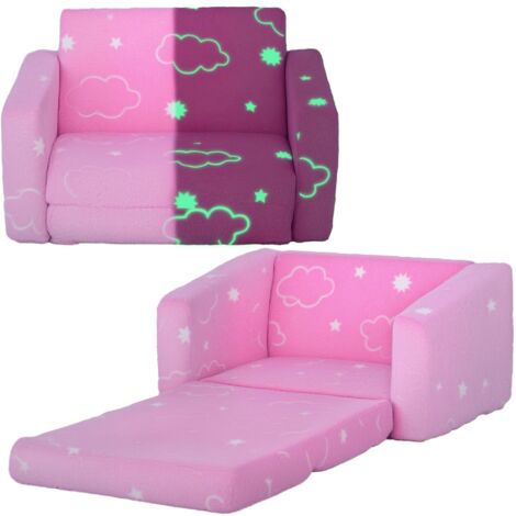 Sillón infantil plegable sofá infantil reclinable 2 en 1 sofá para bebés tapizado de tela luminosa con patrón de nubes cojín y funda lavables rosa