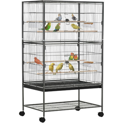 Jaula para pájaros con ruedas pajarera metálica con bandeja extraíble 4 comederos 4 perchas y estante para canarios periquitos 78x52x132 cm gris