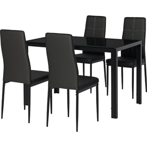 Conjunto de comedor de mesa y 4 sillas 5 piezas juego de muebles de cocina mesa rectangular de vidrio templado y sillas tapizadas en PU negro