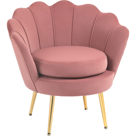 Butaca de salón tapizada en terciopelo sillón butaca de dormitorio con respaldo en forma de concha y patas doradas para comedor 76x67x74 cm rosa (1/5)