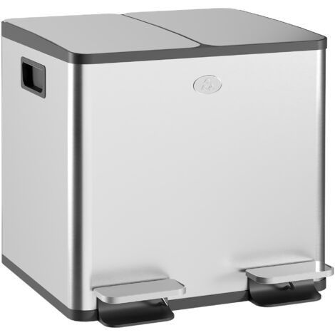 Cubo de basura de cocina con 2 compartimentos 2x15L papelera cocina de acero inoxidable con pedal tapas de cierre suave y cubo extraíble plata